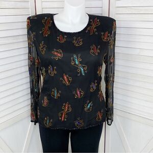 Stenay Vintage Sequin Beaded Silk Blouse‎ Black Multi XL